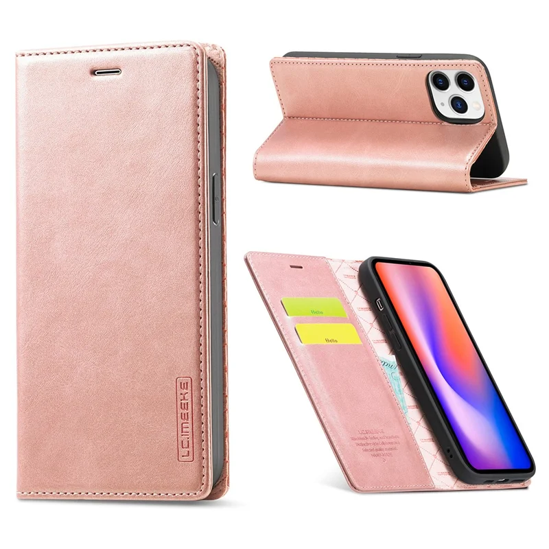LC.IMEEKE Auto-absorbed Wallet Stand Leather Mobile Cover for iPhone 12 Pro Max - Rose Gold