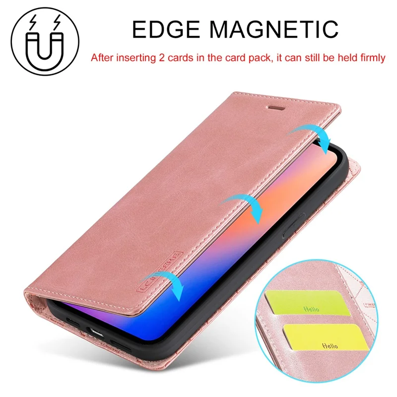 LC.IMEEKE Auto-absorbed Wallet Stand Leather Mobile Cover for iPhone 12 Pro Max - Rose Gold