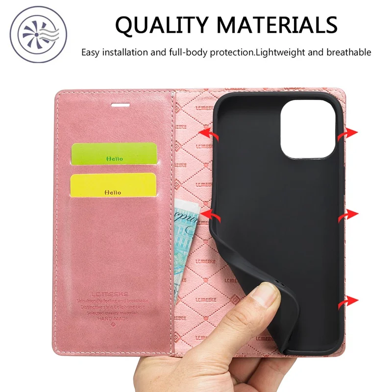 LC.IMEEKE Auto-absorbed Wallet Stand Leather Mobile Cover for iPhone 12 Pro Max - Rose Gold