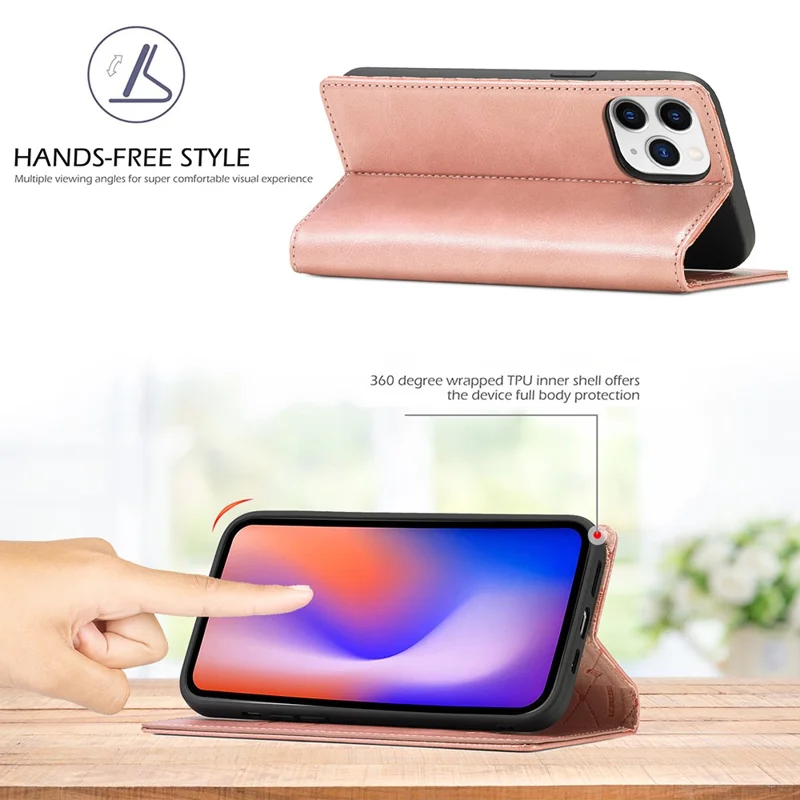 LC.IMEEKE Auto-absorbed Wallet Stand Leather Mobile Cover for iPhone 12 Pro Max - Rose Gold