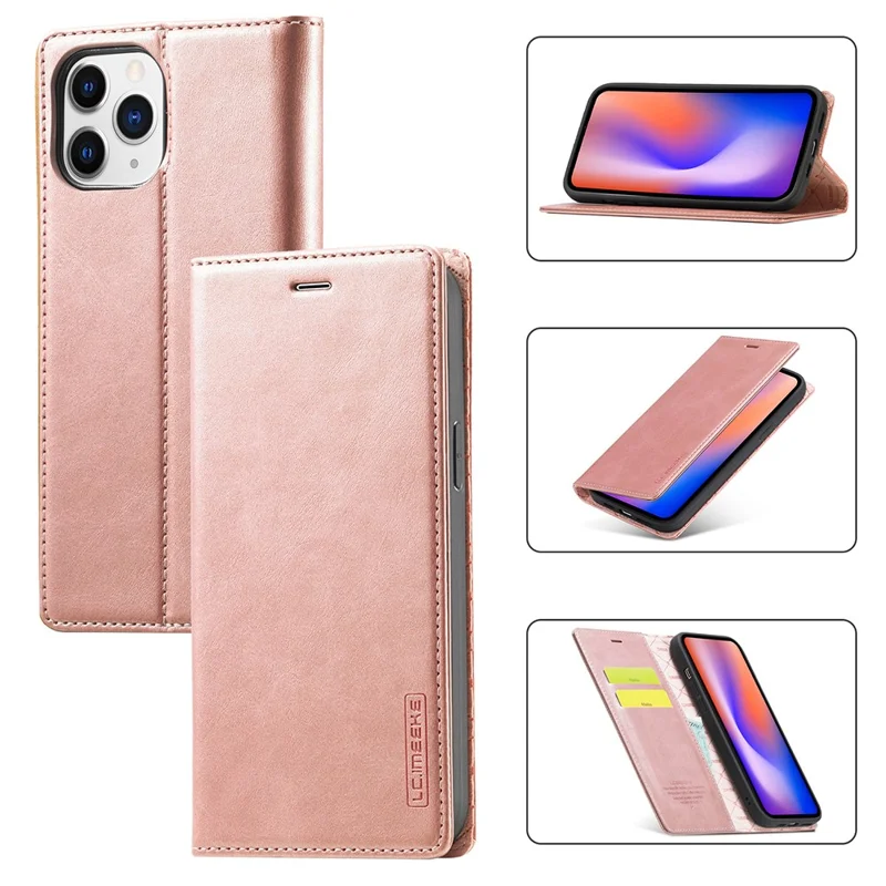 LC.IMEEKE Auto-absorbed Wallet Stand Leather Mobile Cover for iPhone 12 Pro Max - Rose Gold