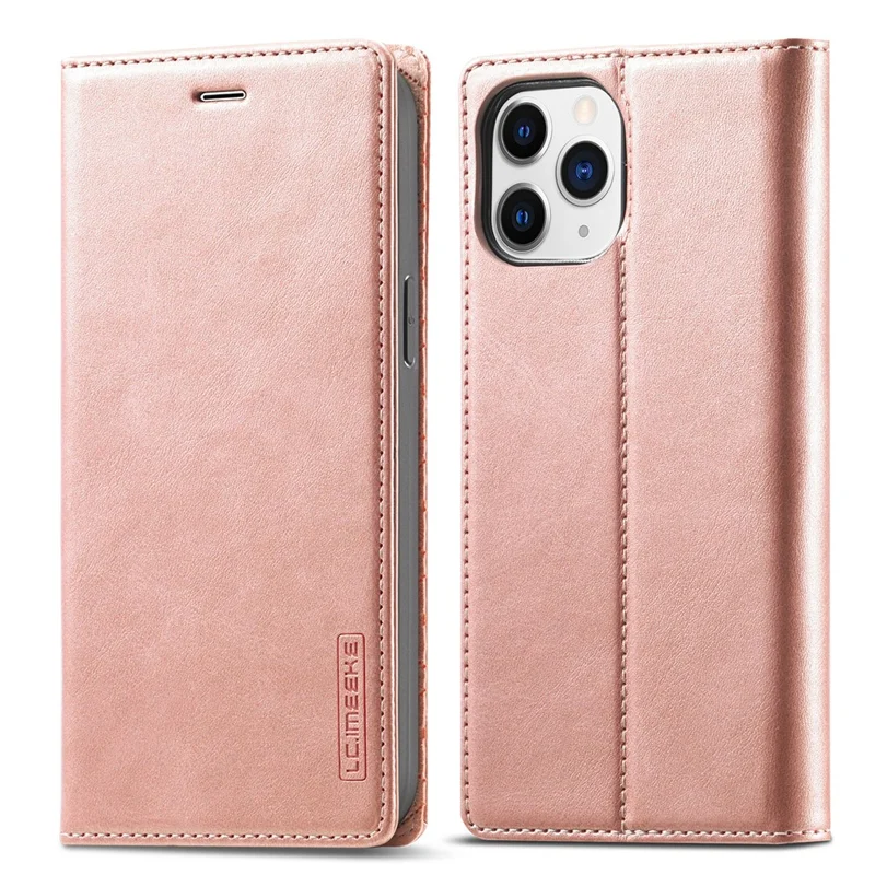 LC.IMEEKE Auto-absorbed Wallet Stand Leather Mobile Cover for iPhone 12 Pro Max - Rose Gold