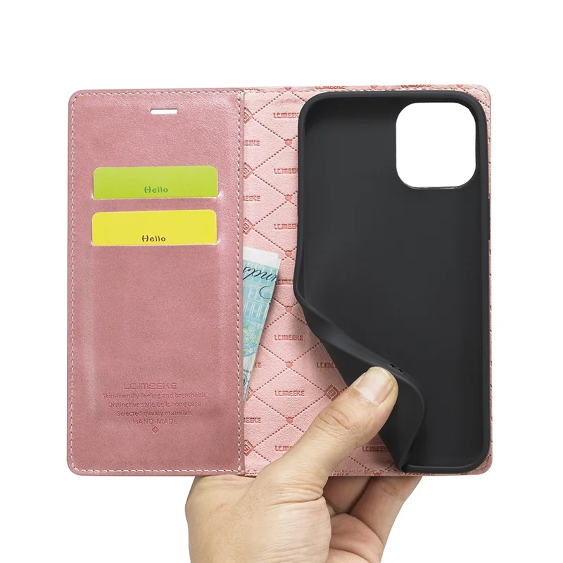 LC.IMEEKE Auto-absorbed Wallet Stand Leather Mobile Cover for iPhone 12 Pro Max - Rose Gold