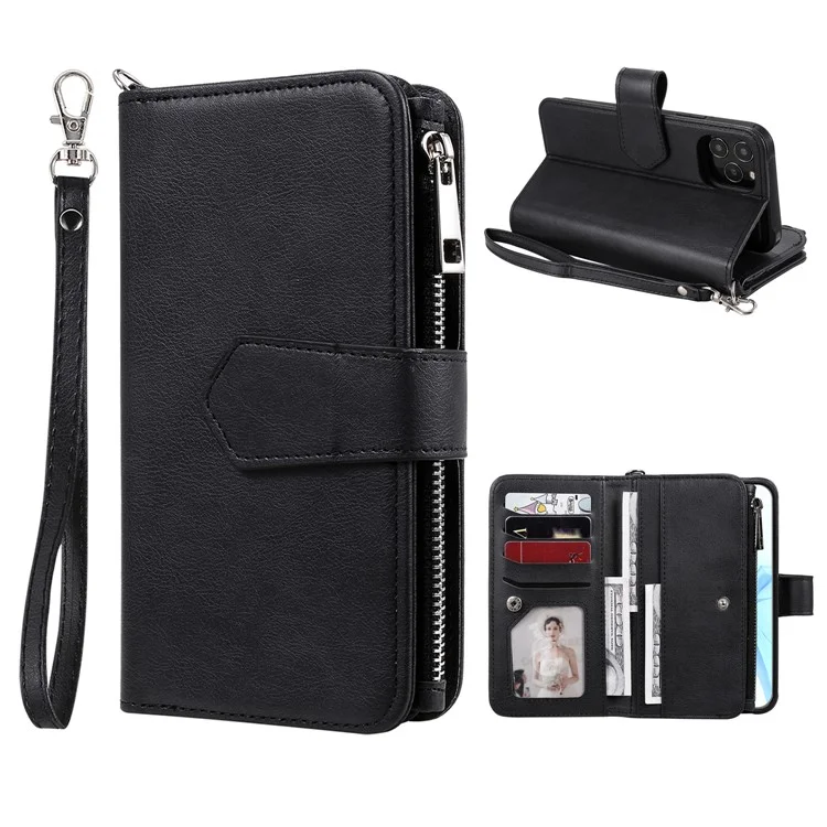 For iPhone 12 / 12 Pro Magnetic Leather Case Mobile Cover with Detachable Zipper Wallet Strap - Black