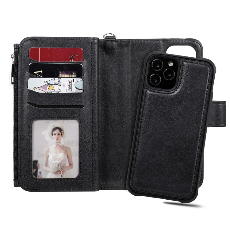 For iPhone 12 / 12 Pro Magnetic Leather Case Mobile Cover with Detachable Zipper Wallet Strap - Black