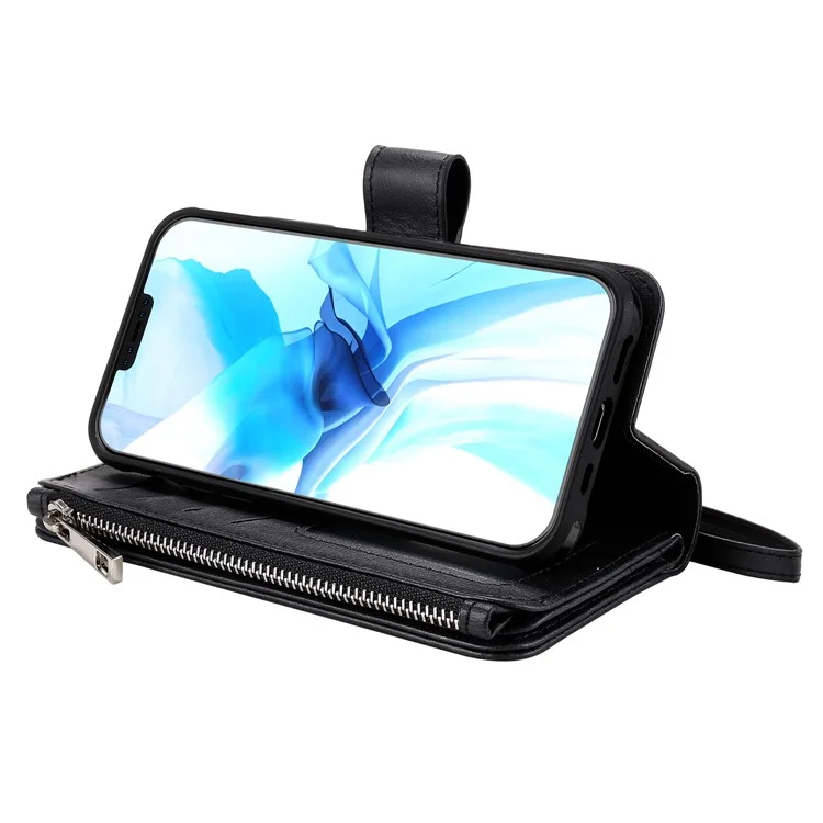 For iPhone 12 / 12 Pro Magnetic Leather Case Mobile Cover with Detachable Zipper Wallet Strap - Black
