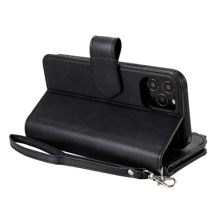 For iPhone 12 / 12 Pro Magnetic Leather Case Mobile Cover with Detachable Zipper Wallet Strap - Black