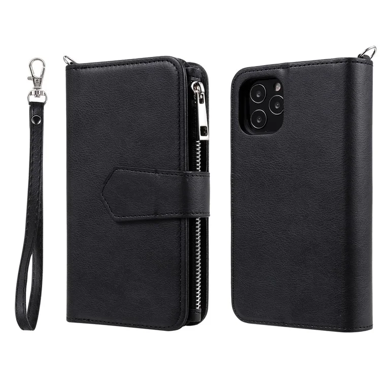 For iPhone 12 / 12 Pro Magnetic Leather Case Mobile Cover with Detachable Zipper Wallet Strap - Black