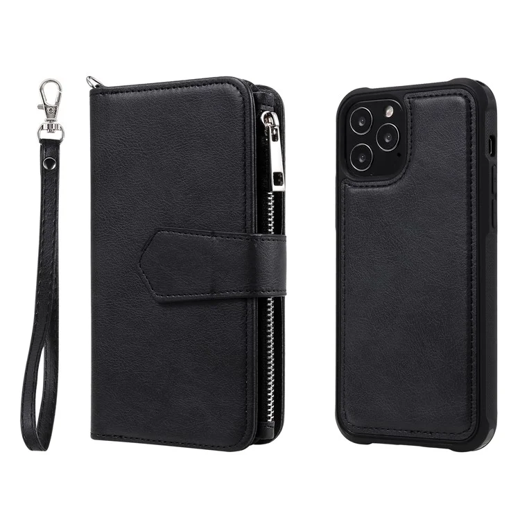 For iPhone 12 / 12 Pro Magnetic Leather Case Mobile Cover with Detachable Zipper Wallet Strap - Black