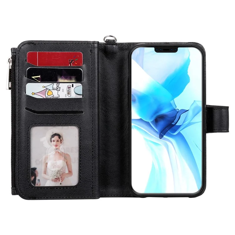 For iPhone 12 / 12 Pro Magnetic Leather Case Mobile Cover with Detachable Zipper Wallet Strap - Black