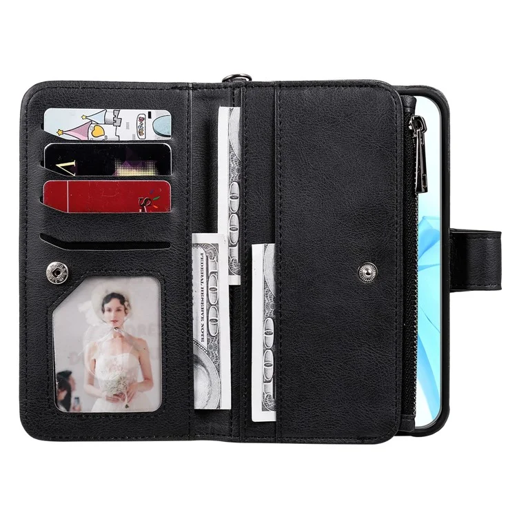 For iPhone 12 / 12 Pro Magnetic Leather Case Mobile Cover with Detachable Zipper Wallet Strap - Black