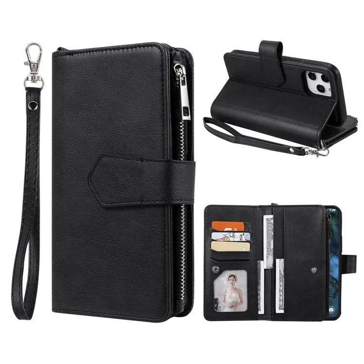 For iPhone 12 Pro Max Magnetic Leather Case Mobile Cover with Detachable Zipper Wallet Strap - Black