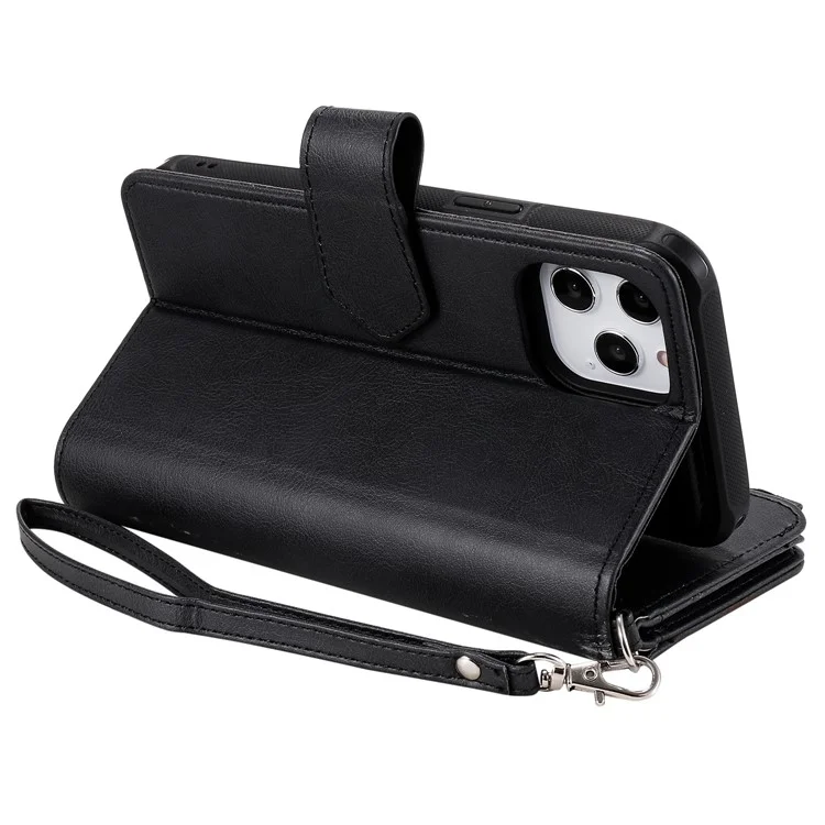 For iPhone 12 Pro Max Magnetic Leather Case Mobile Cover with Detachable Zipper Wallet Strap - Black