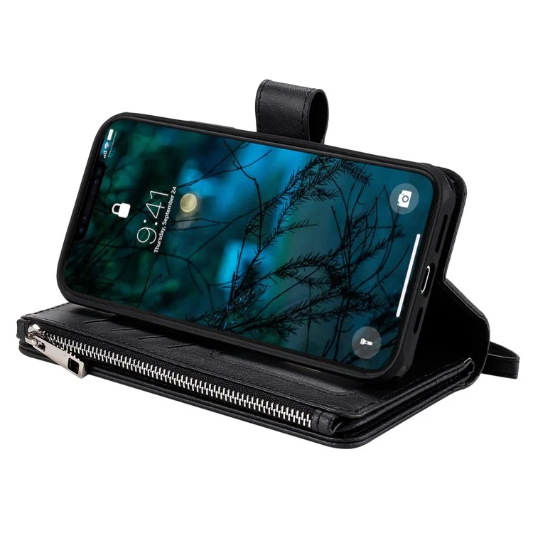 For iPhone 12 Pro Max Magnetic Leather Case Mobile Cover with Detachable Zipper Wallet Strap - Black
