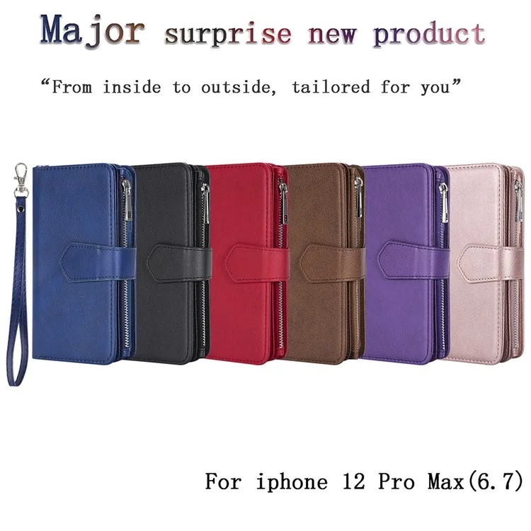 For iPhone 12 Pro Max Magnetic Leather Case Mobile Cover with Detachable Zipper Wallet Strap - Black