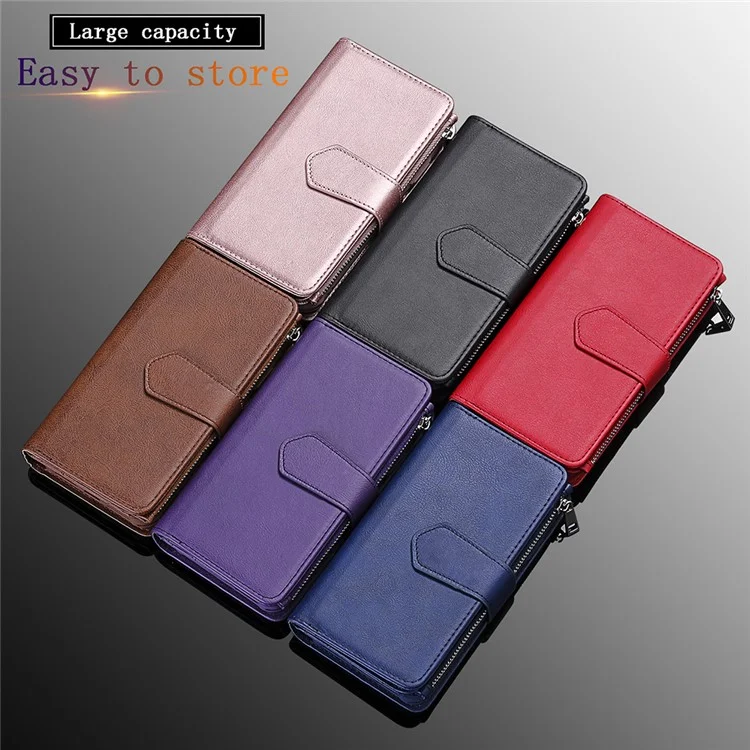For iPhone 12 Pro Max Magnetic Leather Case Mobile Cover with Detachable Zipper Wallet Strap - Black