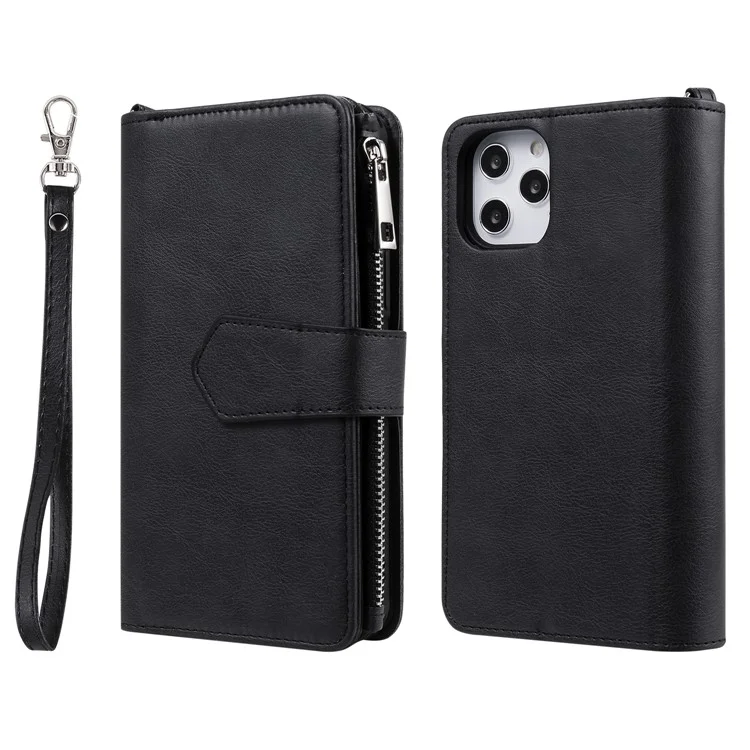 For iPhone 12 Pro Max Magnetic Leather Case Mobile Cover with Detachable Zipper Wallet Strap - Black