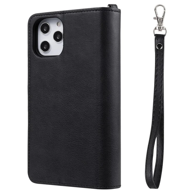 For iPhone 12 Pro Max Magnetic Leather Case Mobile Cover with Detachable Zipper Wallet Strap - Black