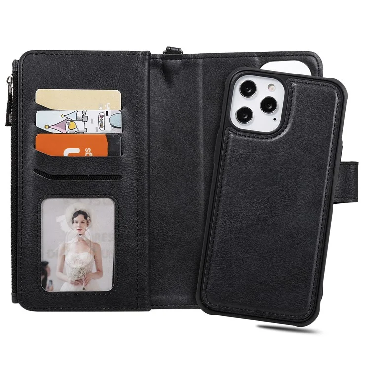 For iPhone 12 Pro Max Magnetic Leather Case Mobile Cover with Detachable Zipper Wallet Strap - Black