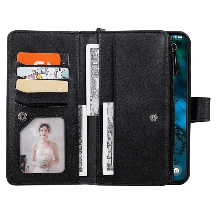 For iPhone 12 Pro Max Magnetic Leather Case Mobile Cover with Detachable Zipper Wallet Strap - Black