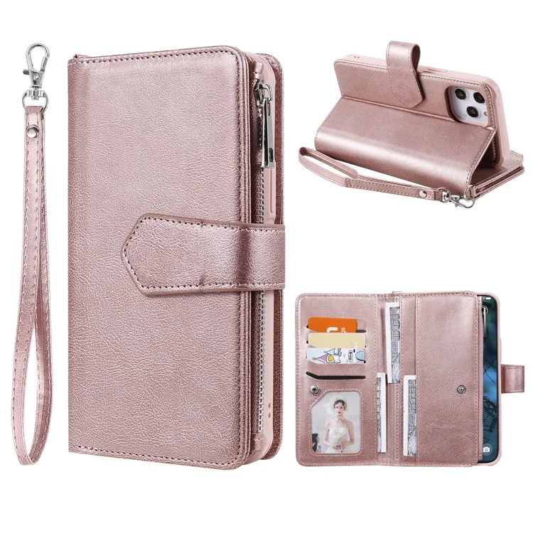 For iPhone 12 Pro Max Magnetic Leather Case Mobile Cover with Detachable Zipper Wallet Strap - Rose Gold