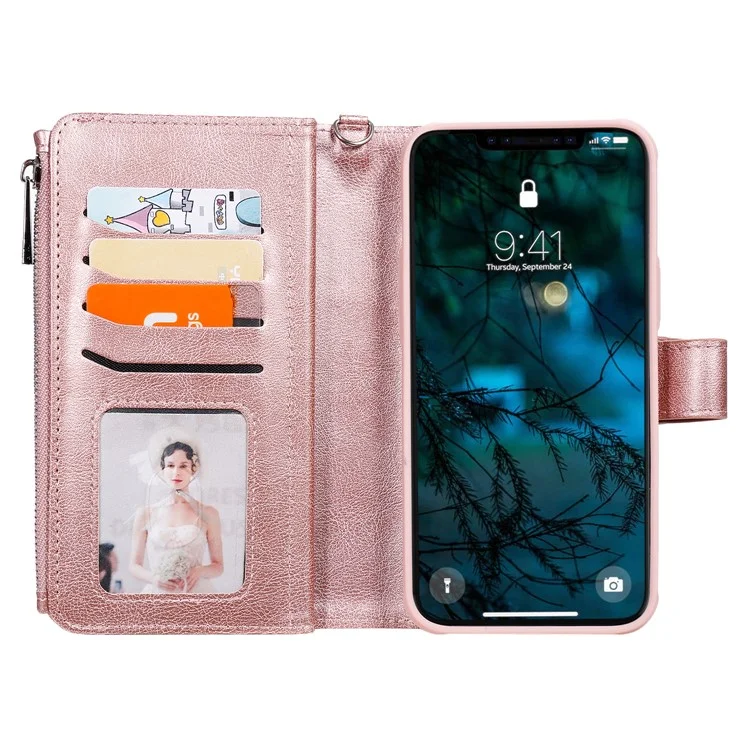 For iPhone 12 Pro Max Magnetic Leather Case Mobile Cover with Detachable Zipper Wallet Strap - Rose Gold