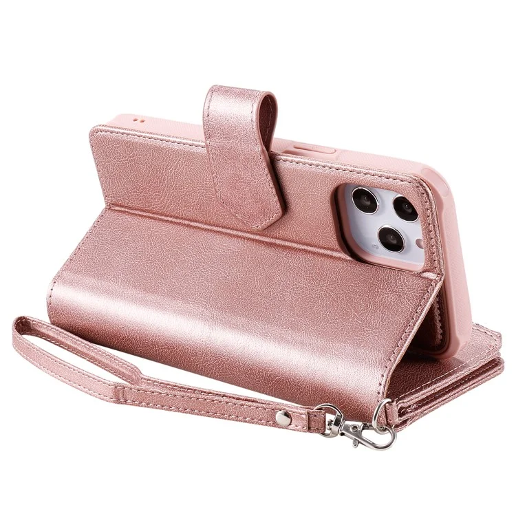 For iPhone 12 Pro Max Magnetic Leather Case Mobile Cover with Detachable Zipper Wallet Strap - Rose Gold