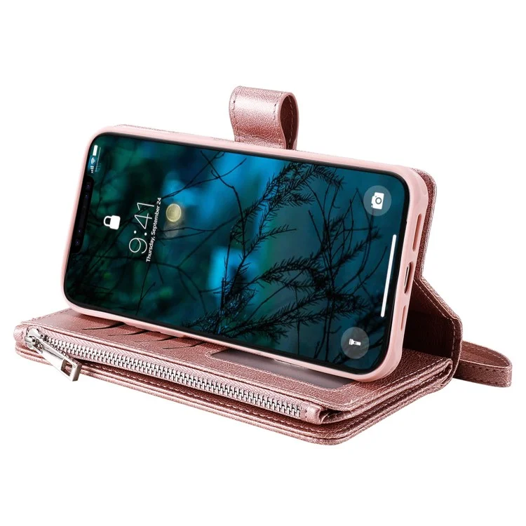 For iPhone 12 Pro Max Magnetic Leather Case Mobile Cover with Detachable Zipper Wallet Strap - Rose Gold