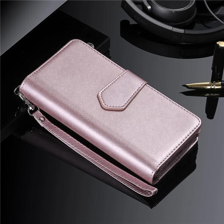 For iPhone 12 Pro Max Magnetic Leather Case Mobile Cover with Detachable Zipper Wallet Strap - Rose Gold