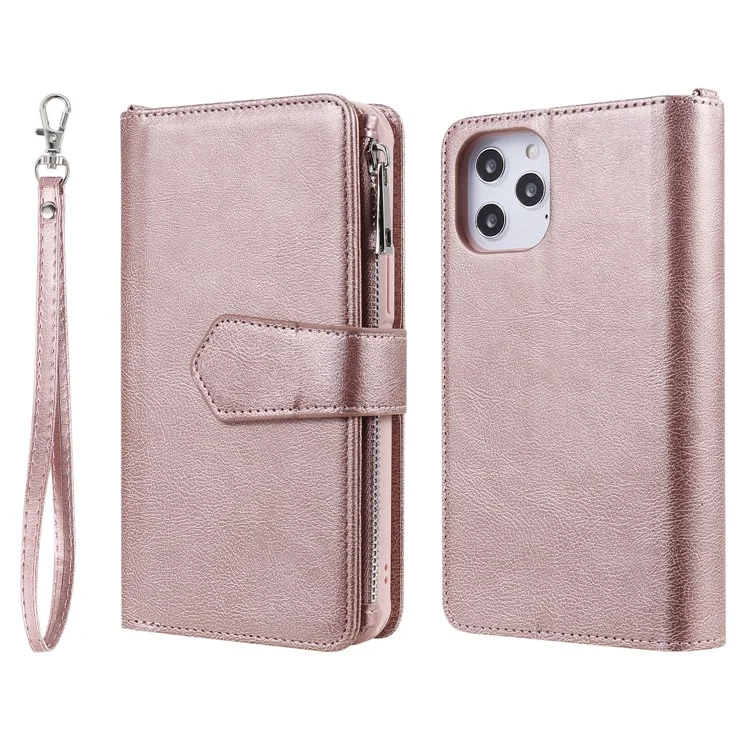 For iPhone 12 Pro Max Magnetic Leather Case Mobile Cover with Detachable Zipper Wallet Strap - Rose Gold