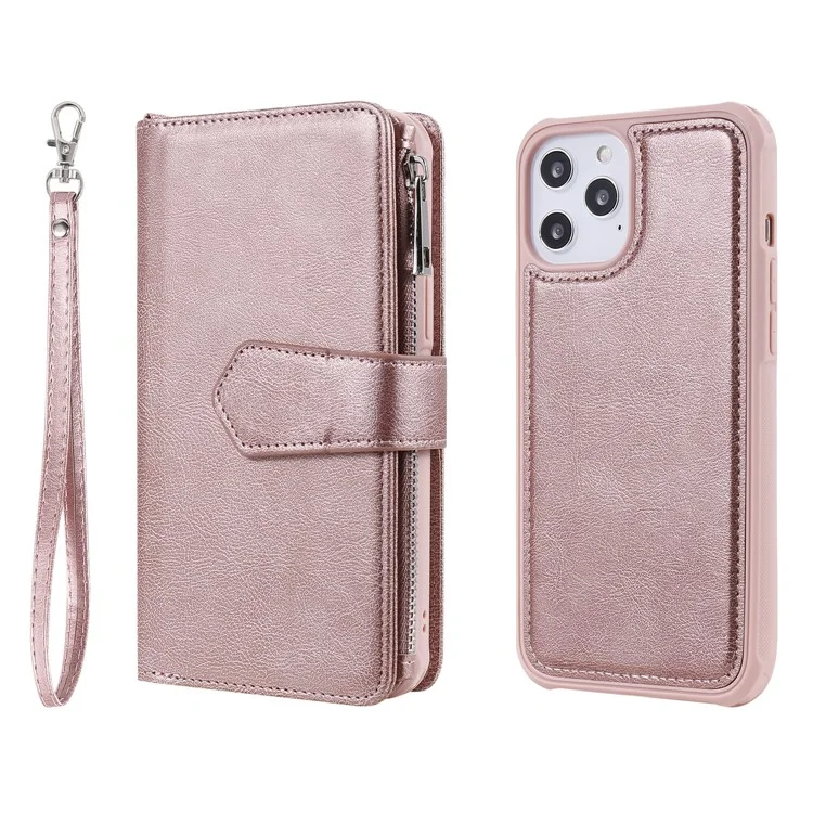 For iPhone 12 Pro Max Magnetic Leather Case Mobile Cover with Detachable Zipper Wallet Strap - Rose Gold