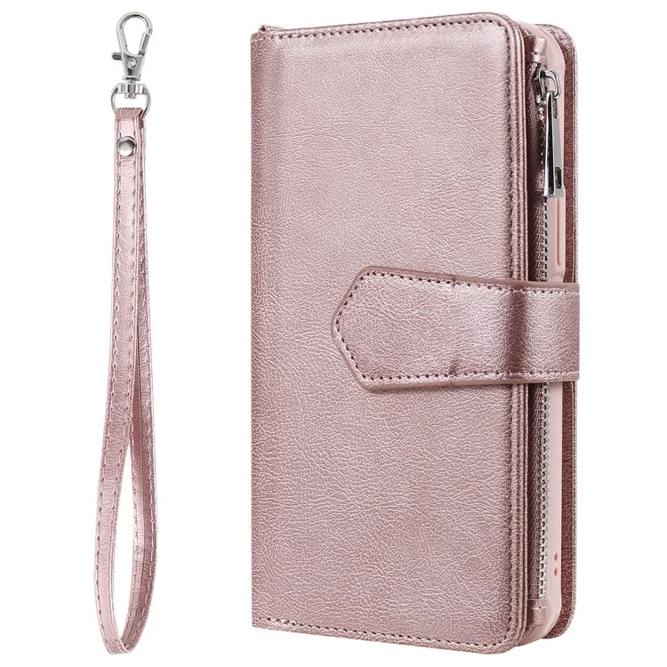 For iPhone 12 Pro Max Magnetic Leather Case Mobile Cover with Detachable Zipper Wallet Strap - Rose Gold