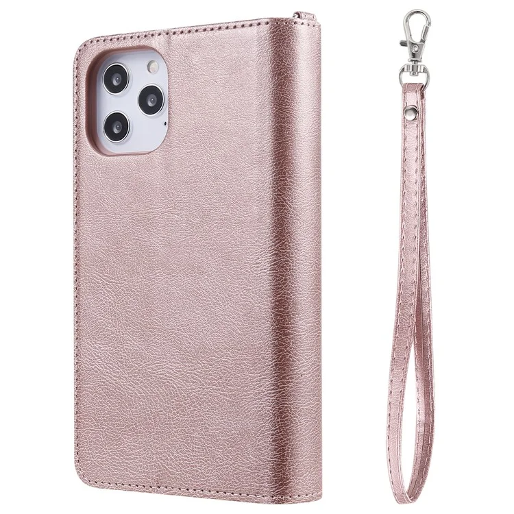 For iPhone 12 Pro Max Magnetic Leather Case Mobile Cover with Detachable Zipper Wallet Strap - Rose Gold