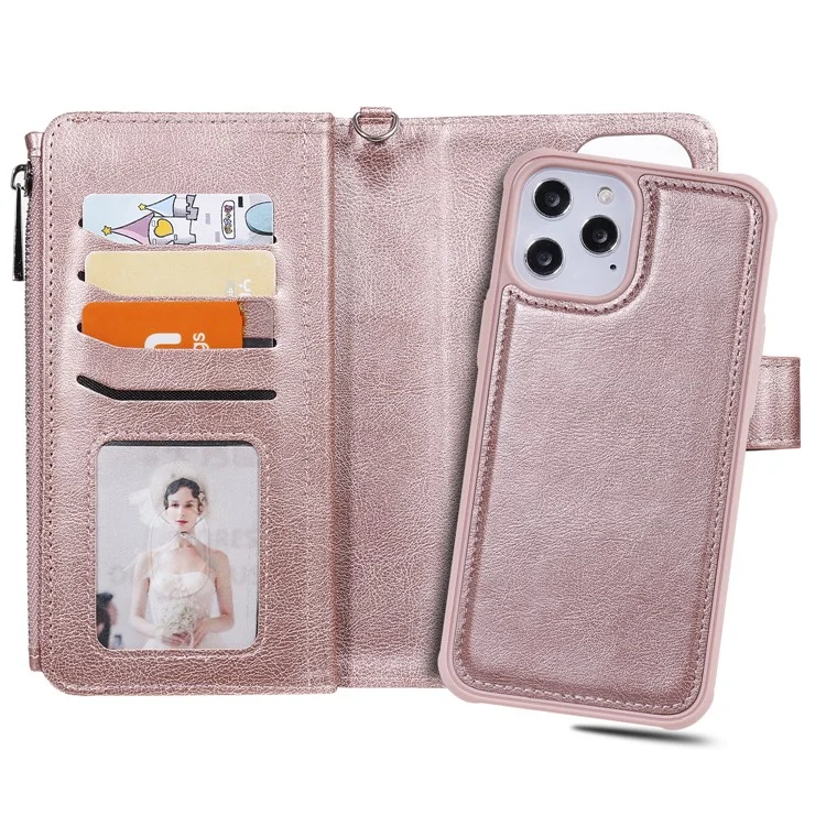 For iPhone 12 Pro Max Magnetic Leather Case Mobile Cover with Detachable Zipper Wallet Strap - Rose Gold
