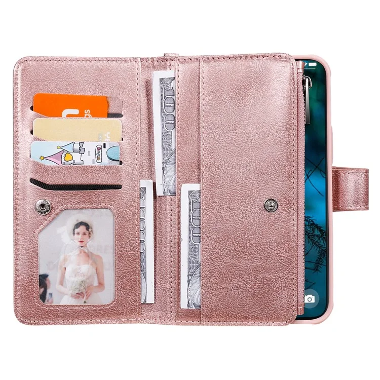 For iPhone 12 Pro Max Magnetic Leather Case Mobile Cover with Detachable Zipper Wallet Strap - Rose Gold