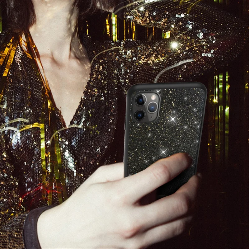 SULADA Dazzling Glittery Surface Leather Coated TPU Case for iPhone 12/12 Pro Cover - Black