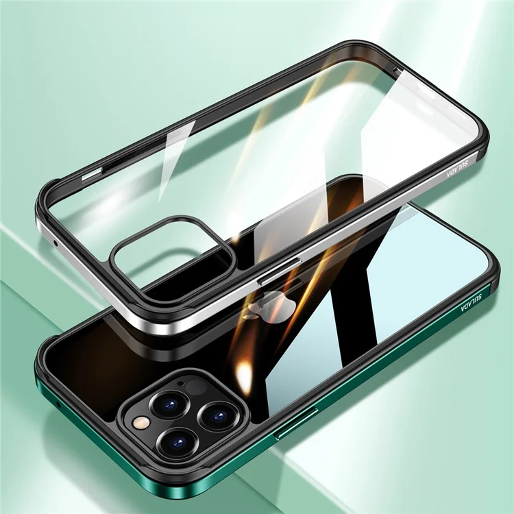 SULADA Metal Frame TPU Tempered Glass Composite Hybrid Case for iPhone 12/12 Pro - Silver