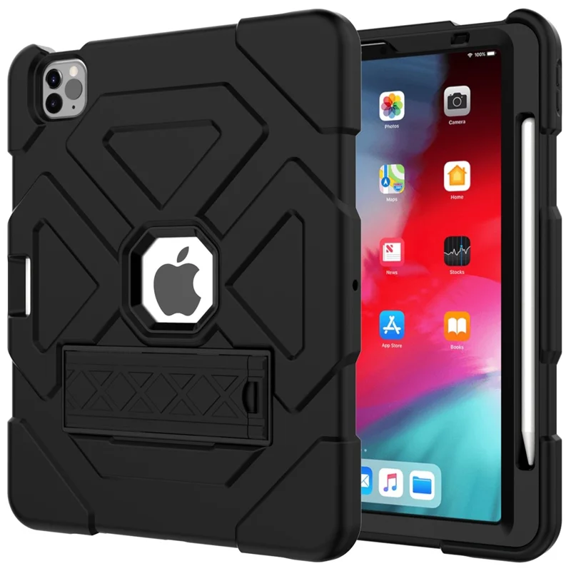 Dual-Color Splicing Shockproof PC + Silicone Protector with Kickstand for iPad Air (2020) / Air (2022) - Black / Black