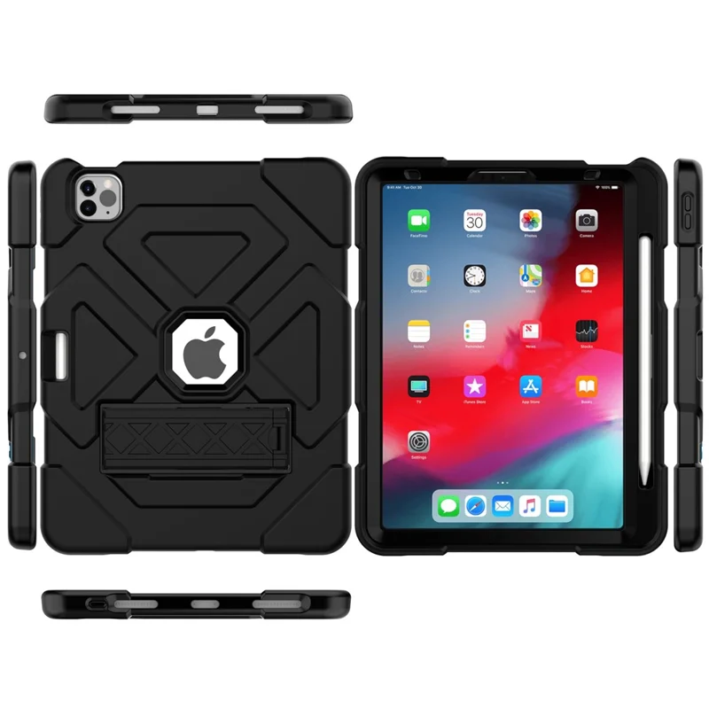 Dual-Color Splicing Shockproof PC + Silicone Protector with Kickstand for iPad Air (2020) / Air (2022) - Black / Black