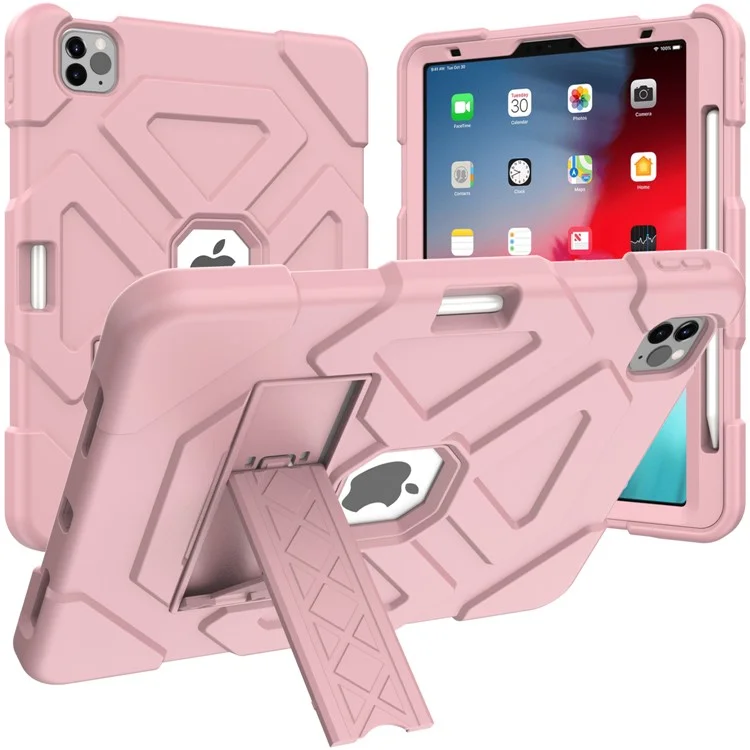 Protetor de PC + Silicone à Prova de Choque de Coragem de Cor Dupla Com Kickstand Para Ipad Air (2020)/Air (2022) - Rosa/rosa
