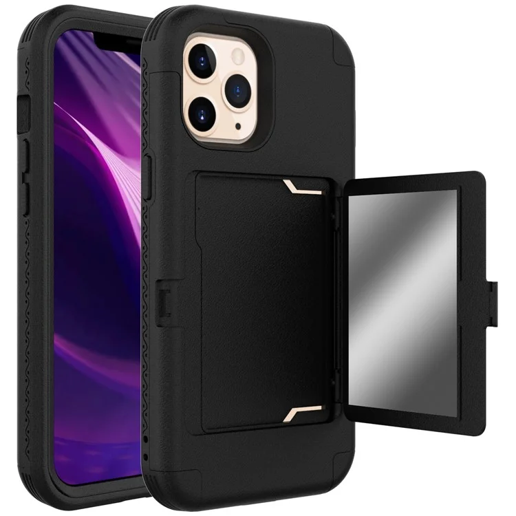 Shockproof PC+TPU Protective Cover with Card Holder and Hidden Mirror for iPhone 12 Pro Max - Black