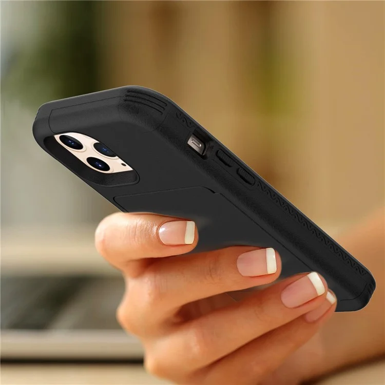 Shockproof PC+TPU Protective Cover with Card Holder and Hidden Mirror for iPhone 12 Pro Max - Black