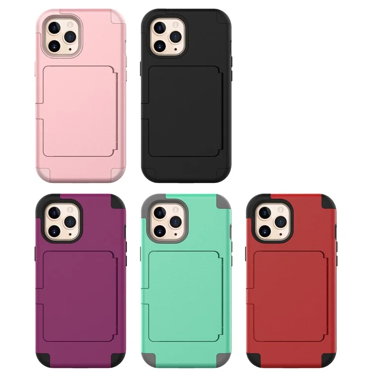 Shockproof PC+TPU Protective Cover with Card Holder and Hidden Mirror for iPhone 12 Pro Max - Black