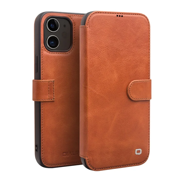 Étui en cuir de vache magnétique QIALINO pour iPhone 12 mini - Marron clair