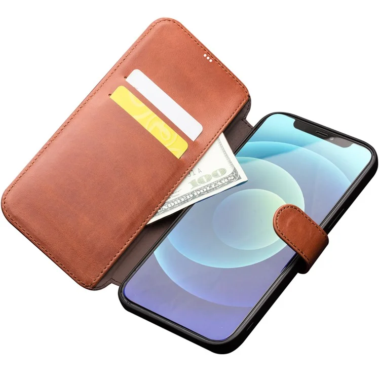 Étui en cuir de vache magnétique QIALINO pour iPhone 12 mini - Marron clair