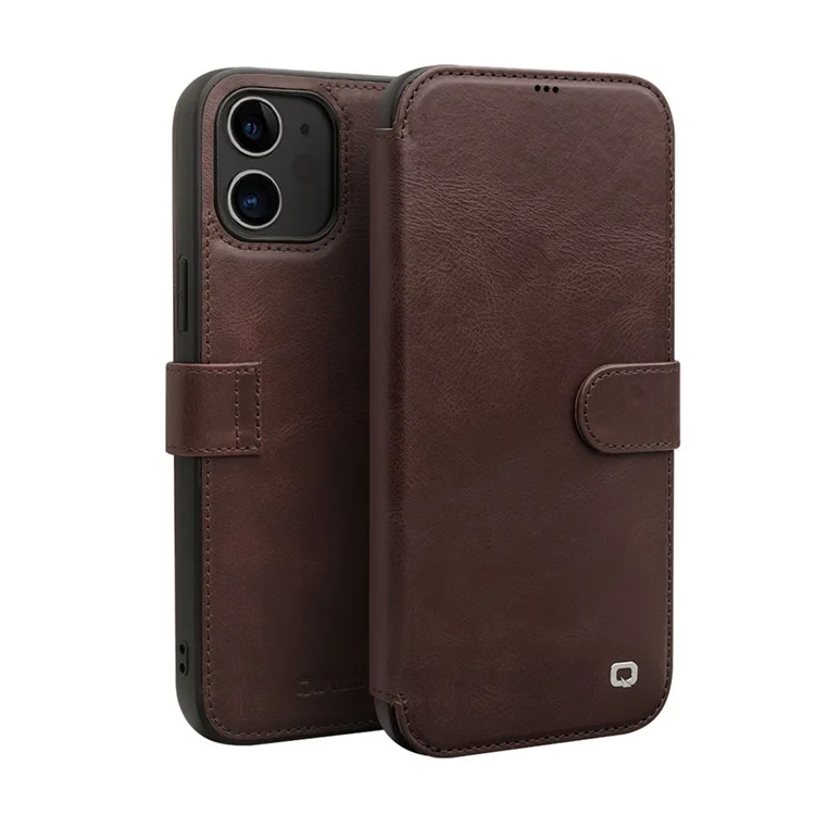 QIALINO Pour IPhone 12 Pro 6.1 Pouces / 12 6,1 Pouces Couvercle En Cuir De Vachette De La Peau De Portefeuille De Portefeuille De Portefeuille Magnétique - Marron Foncé