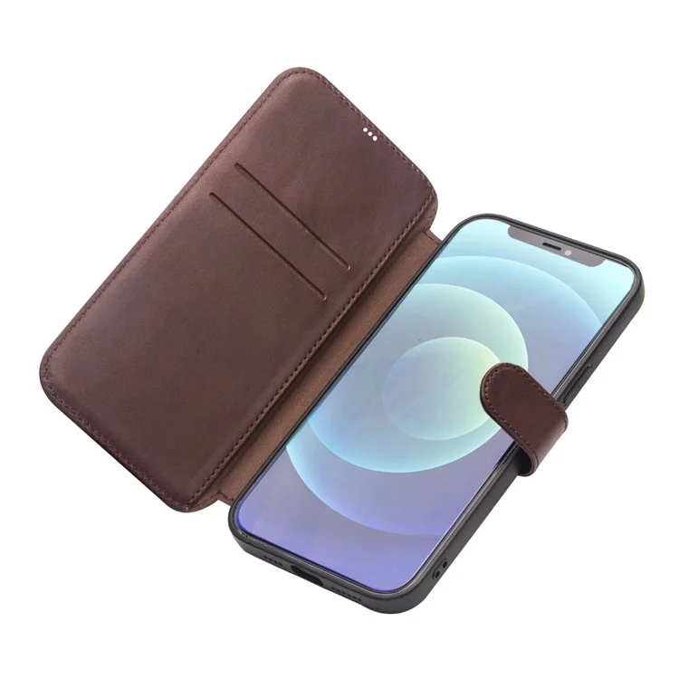 QIALINO For iPhone 12 Pro 6.1 inch/12 6.1 inch Cowhide Leather Cover Wallet Stand Magnetic Clasp Phone Case - Dark Brown