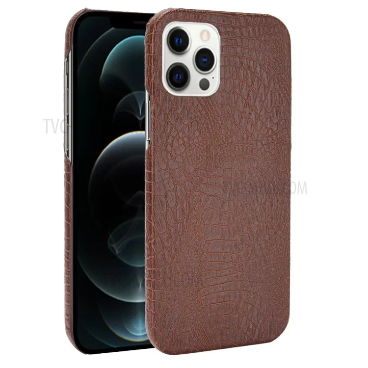 Crocodile Texture PU Leather Coated Plastic Phone Case for iPhone 12 Pro Max - Brown