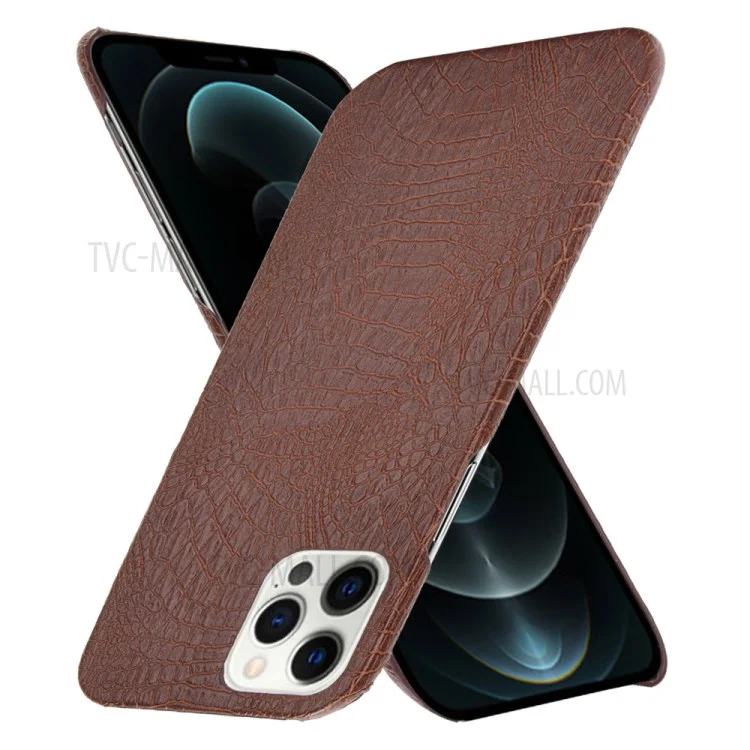 Crocodile Texture PU Leather Coated Plastic Phone Case for iPhone 12 Pro Max - Brown