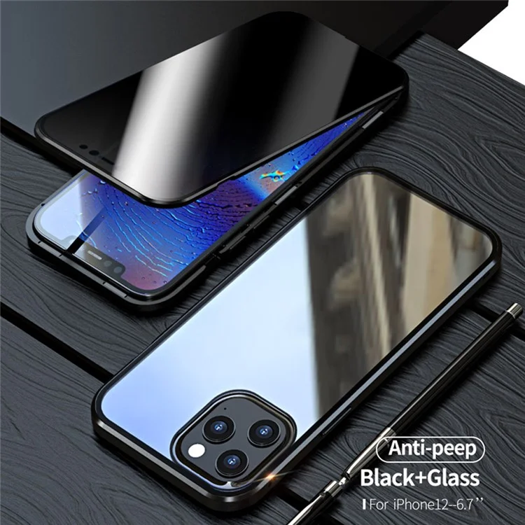 Anti-peep Magnetic Installation Metal Frame + Tempered Glass Phone Case for iPhone 12 Pro Max - Black